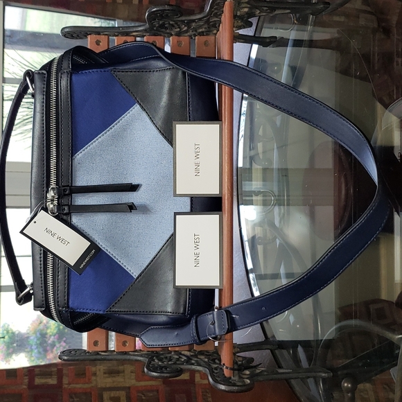 ๐ NEW NINE WEST ELENYA MULTI COLORBLOCK PATCHWORK BLUE & BLACK CROSSBODY BAG - Picture 14 of 16